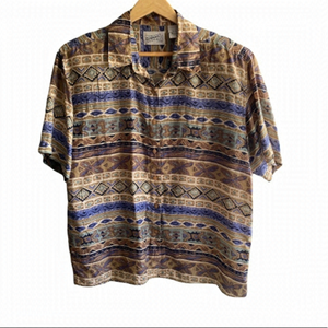 100% Silk Aztec Print Vintage Button Down Shirt with Shoulder Pads 90s Y2K Funky